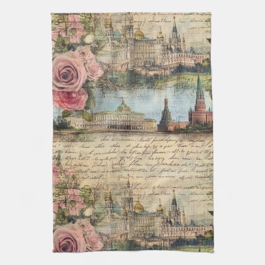 Romantische Vintage Architectuur & Rozen Collage K Theedoek (Verticaal)