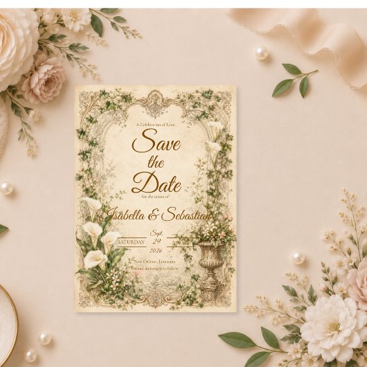 Romantische Vintage Calla Lily Bruiloft Save The Date