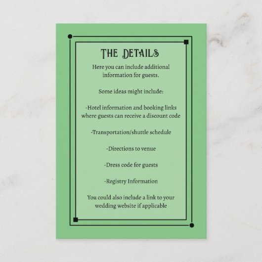 Romantische Vintage Geïnspireerd Bleke groene brui Informatiekaartje (Voorkant)