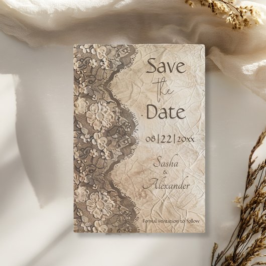 Romantische vintage landelijke kant save the date