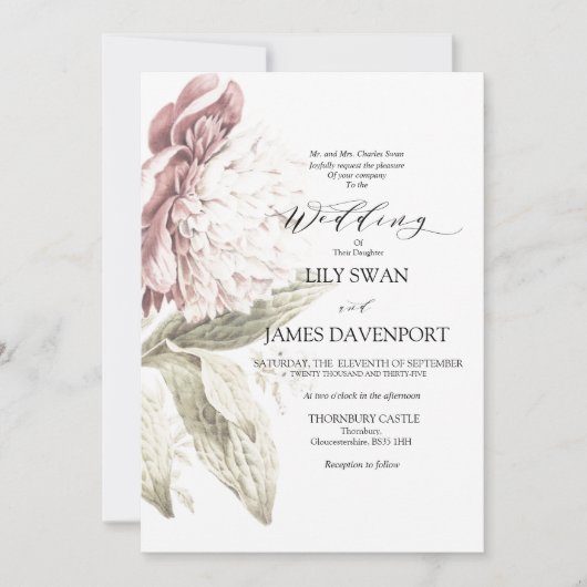 Romantische Vintage Peony Wedding Kaart (Voorkant)