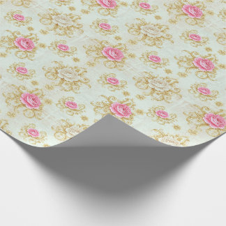 Romantische Vintage Roos en Gouden Damast Cadeaupapier
