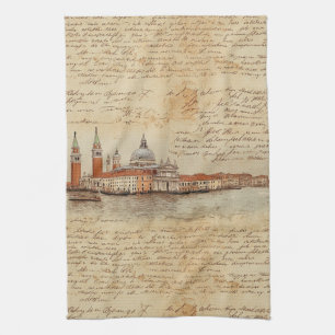 Romantische vintage Venetië-kunst met script Theedoek