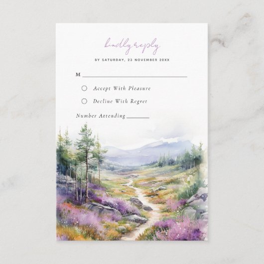 Romantische violette bloemen bos Bruiloft RSVP Kaa Informatiekaartje (Voorkant)