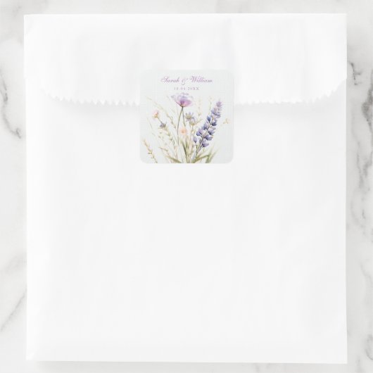 Romantische violette bloemenbruiloft vierkante sticker (Tas)