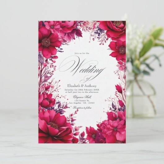Romantische Viva Magenta Floral Wedding Kaart (Staand voorkant)