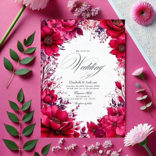 Romantische Viva Magenta Floral Wedding Kaart