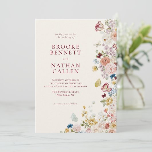 Romantische vlinder Bloemen Border Wedding Kaart (Staand voorkant)