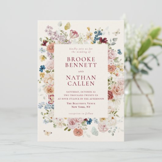 Romantische vlinder Bloemen Lijst bruiloft Kaart (Staand voorkant)