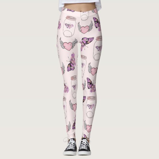 Romantische vlinder en hart pot ontwerp Leggings (Voorkant)