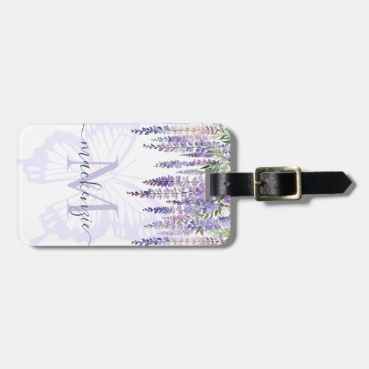 Romantische Vlinder & Wisteria Monogram Script Naa Bagagelabel (Voorkant horizontaal)