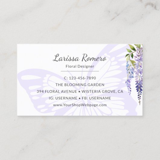 Romantische Vlinder & Wisteria Pastel Floral Visitekaartje (Achterkant)