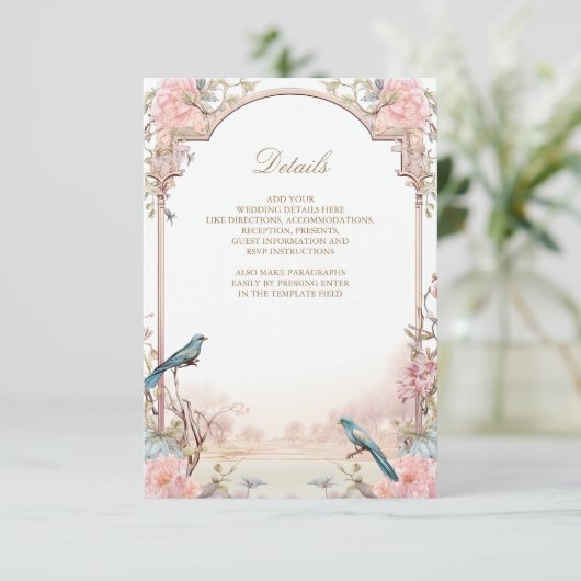 Romantische Vogels Blush Roze Bloemen Bruiloft Informatiekaartje (Staand voorkant)