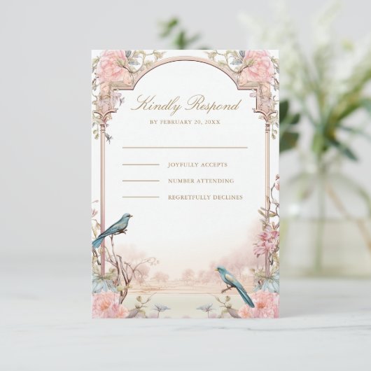 Romantische Vogels Blush Roze Bloemen Bruiloft RSVP Kaartje (Staand voorkant)