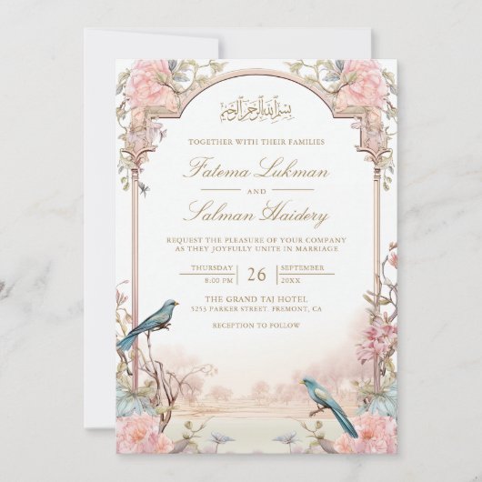 Romantische Vogels Blush Roze Bloemen Moslim Bruil Kaart (Voorkant)