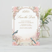 Romantische Vogels Blush Roze Bloemen Moslim Bruil Save The Date (Staand voorkant)