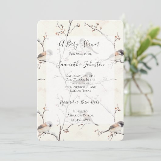 Romantische vogels in een boom baby shower kaart (Staand voorkant)