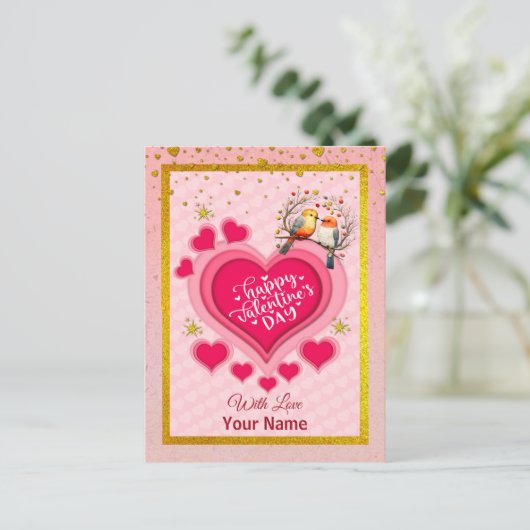 Romantische vogels op Branch Valentijnsdag en Hart Feestdagenkaart (Staand voorkant)