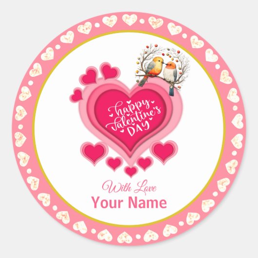 Romantische vogels op Branch Valentijnsdag en Hart Ronde Sticker (Voorkant)