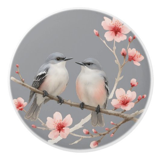 Romantische vogels op Cherry Blossom Branch Waterv Keramische Knop (Voorkant)
