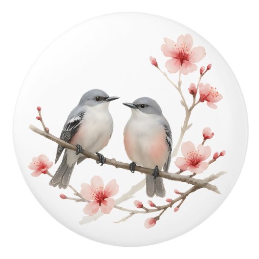 Romantische vogels op Cherry Blossom Branch Waterv Keramische Knop (Voorkant)
