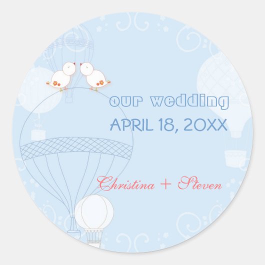 Romantische vogels op het hete luchtballonhuwelijk ronde sticker (Voorkant)