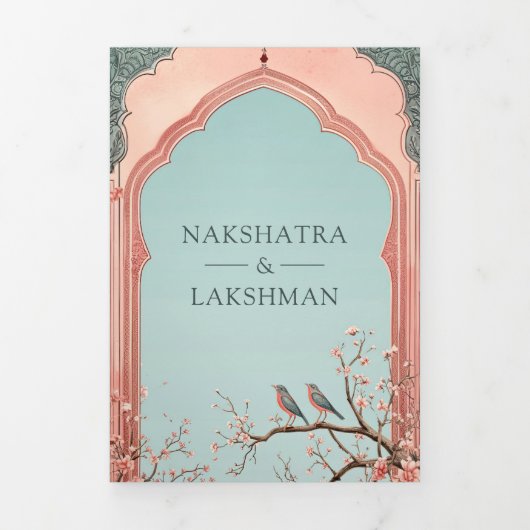 Romantische Vogels Roze Gazebo Indiaas Paleis Brui Drieluik Uitnodiging (Cover)