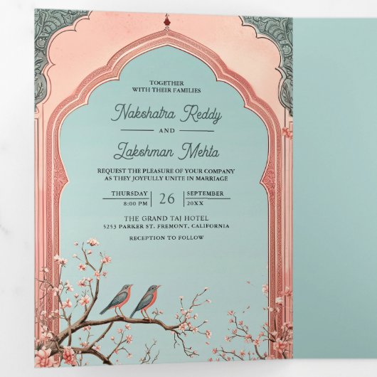 Romantische Vogels Roze Gazebo Indiaas Paleis Brui Drieluik Uitnodiging (Binnenzijde eerst)