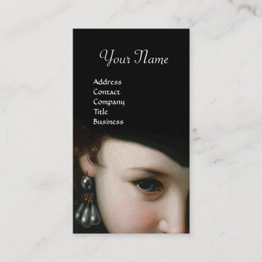 ROMANTISCHE VROUW, ANTIEK JEWELS, WITTE VREEMDEN VISITEKAARTJE (Voorkant)