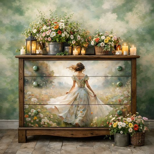 Romantische vrouw in de wildbloemenweide decoupage tissuepapier