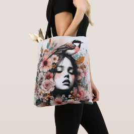 Romantische vrouw met bloemen en vogelillustratie tote bag