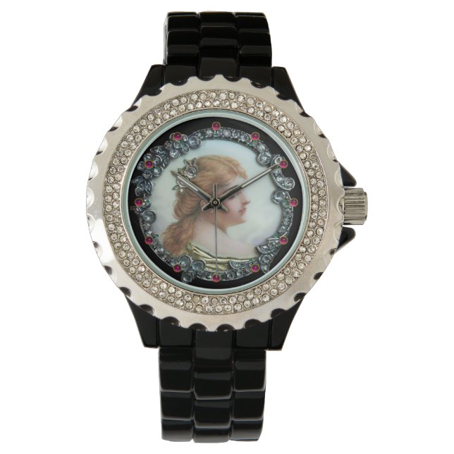ROMANTISCHE VROUW MET DIAMONDSTROMEN  ENAMEL HORLOGE (Voorkant)