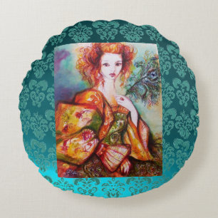 ROMANTISCHE VROUW MET EEN SPARKERPIEGEL VERDER Bla Rond Kussen