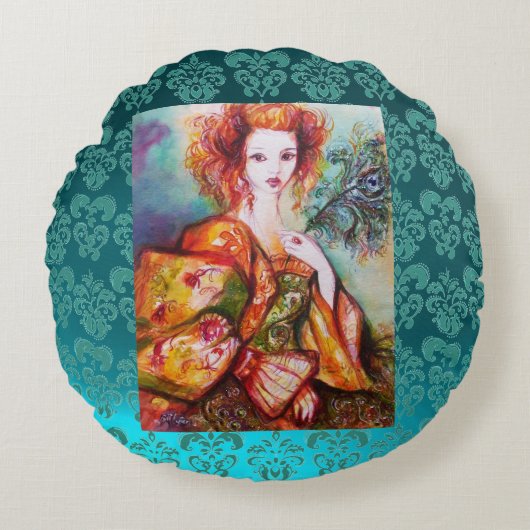 ROMANTISCHE VROUW MET EEN SPARKERPIEGEL VERDER Bla Rond Kussen (Voorkant)