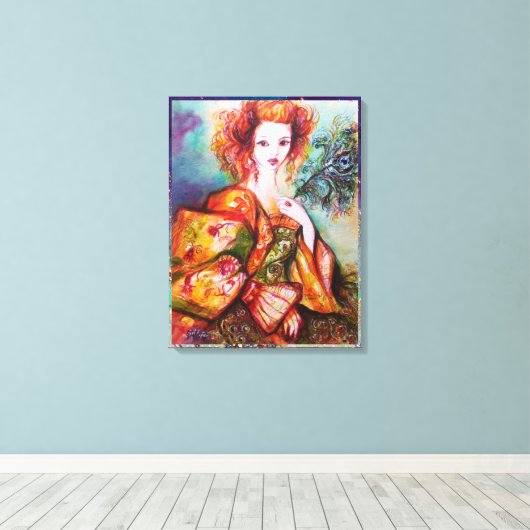 ROMANTISCHE VROUW MET EEN SPARKERPIEGEL VERDER CANVAS AFDRUK (Insitu (Houten vloer))