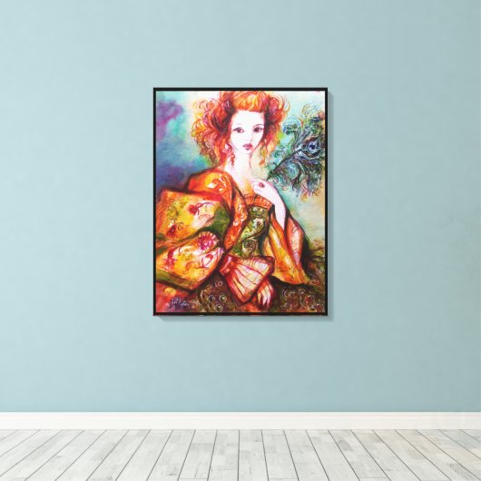 ROMANTISCHE VROUW MET EEN SPARKERPIEGEL VERDER CANVAS AFDRUK (Insitu (Houten vloer))