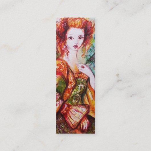 ROMANTISCHE VROUW MET EEN SPARKERPIEGEL VERDER Roo Mini Visitekaartje (Achterkant)