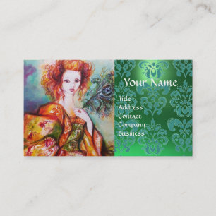 ROMANTISCHE VROUW MET PEACOCK, VERDER Green Damask Visitekaartje