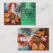 ROMANTISCHE VROUW MET PEACOCK, VERDER Green Damask Visitekaartje (Voorkant / Achterkant)