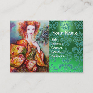ROMANTISCHE VROUW MET PEACOCK, VERDER Green Damask Visitekaartje