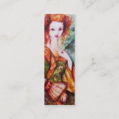 ROMANTISCHE VROUW MET PEACOCK VERDER Red Damask Mini Visitekaartje (Achterkant)