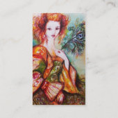 ROMANTISCHE VROUW MET PEACOCK VERDER Red Damask Visitekaartje (Achterkant)