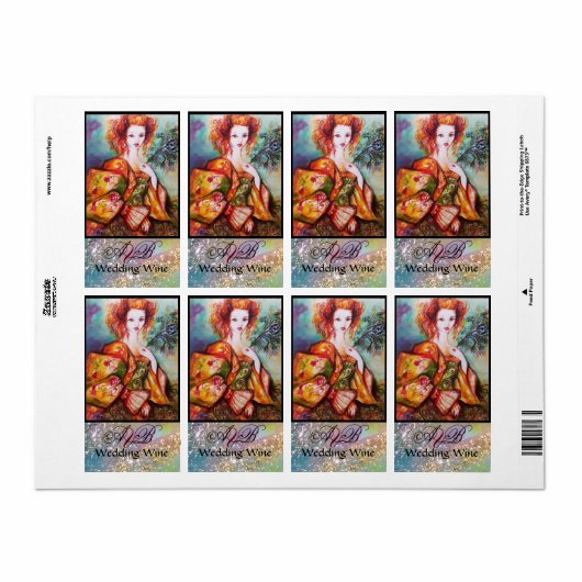 ROMANTISCHE VROUW MET PEACOCK-VRIENDELIJKE Wijn Etiket (Full Sheet)
