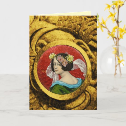 ROMANTISCHE VROUW MET STROMEN EN BESTRIJDING VAN G KAART (Gele Bloem)