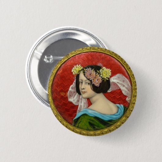 ROMANTISCHE VROUW MET STROMEN ENAMEL RONDE BUTTON 5,7 CM (Voorkant /achterkant)