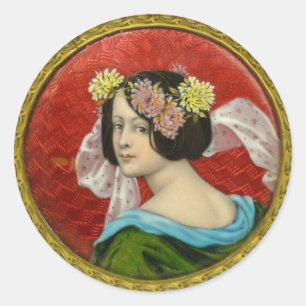 ROMANTISCHE VROUW MET STROMEN  ENAMEL RONDE STICKER