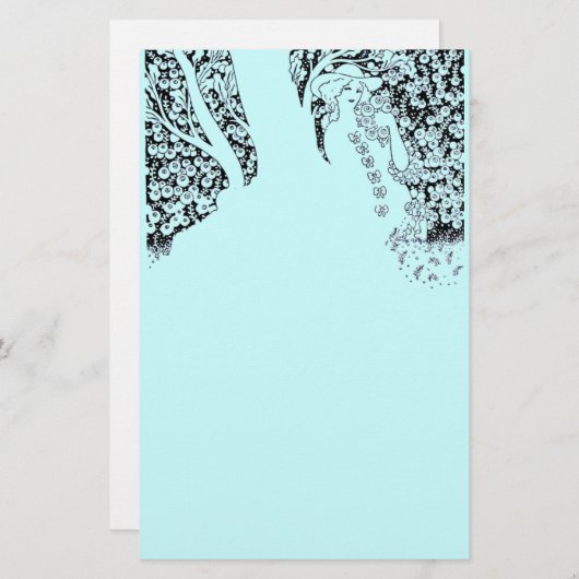 ROMANTISCHE VROUW, ROZEN EN NATUUR Zwart Blauwgroe Briefpapier (Voorkant / Achterkant)