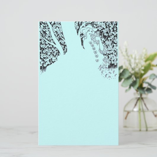 ROMANTISCHE VROUW, ROZEN EN NATUUR Zwart Blauwgroe Briefpapier (Staand voorkant)