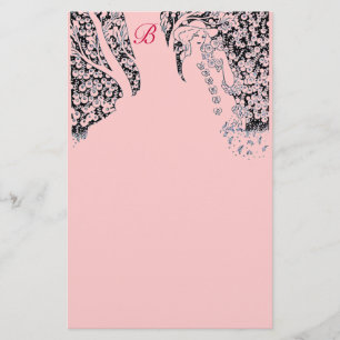 ROMANTISCHE VROUW, ROZEN, NATUUR zwart roze monogr Briefpapier