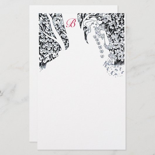 ROMANTISCHE VROUW, ROZEN, NATUUR Zwart Wit Monogra Briefpapier (Voorkant / Achterkant)